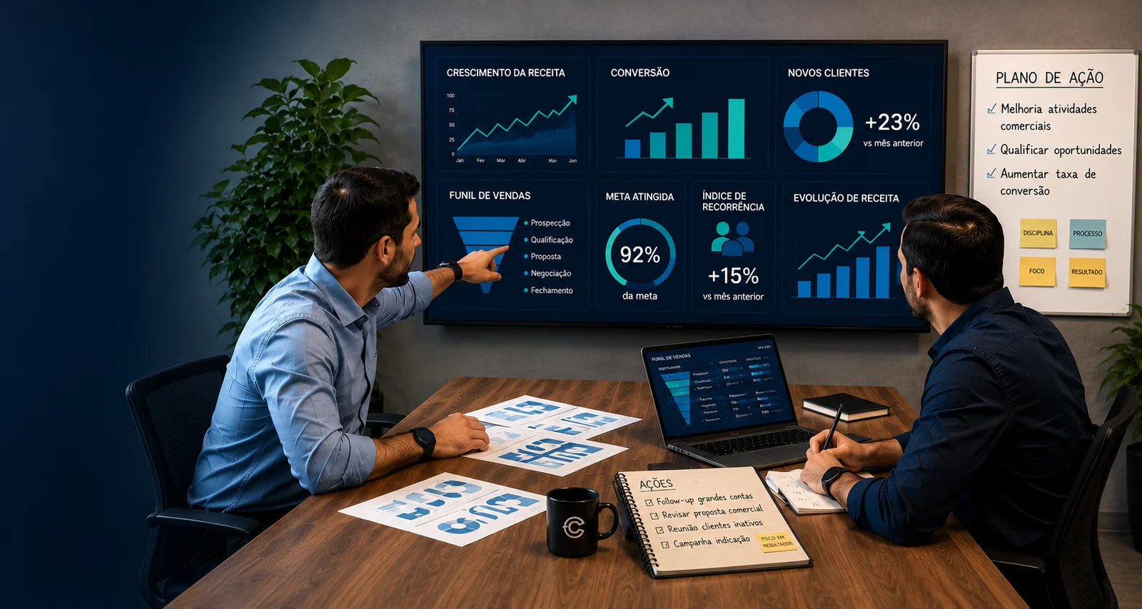 Reunião de CoGestão com dashboard de indicadores comerciais